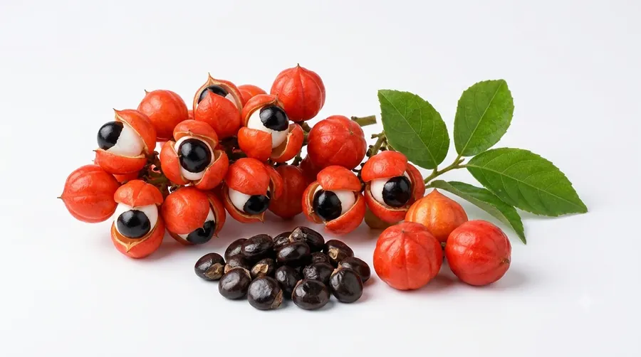 Red guarana fruit split open to show black seeds, with loose dark seeds