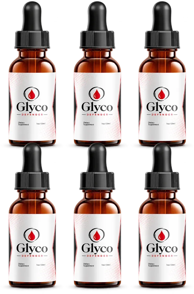 6 amber Glyco Defender dropper bottles with the white Glyco Defender label