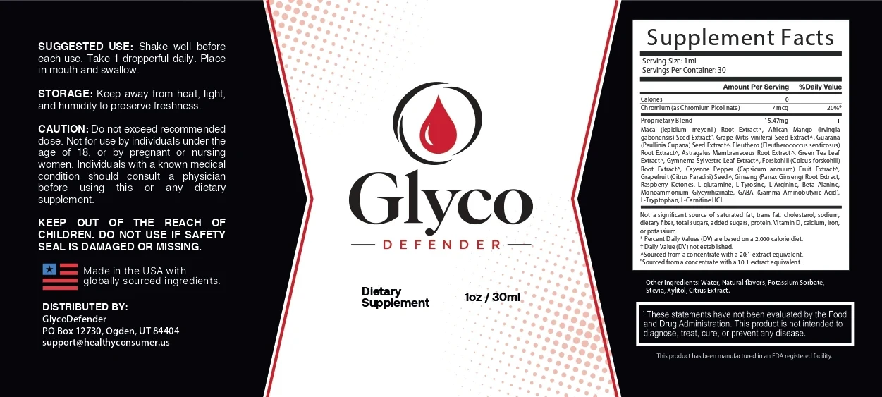 The flat Glyco Defender label: suggested use, storage and caution on the left, the Glyco Defender logo in the middle, the Supplement Facts panel on the right