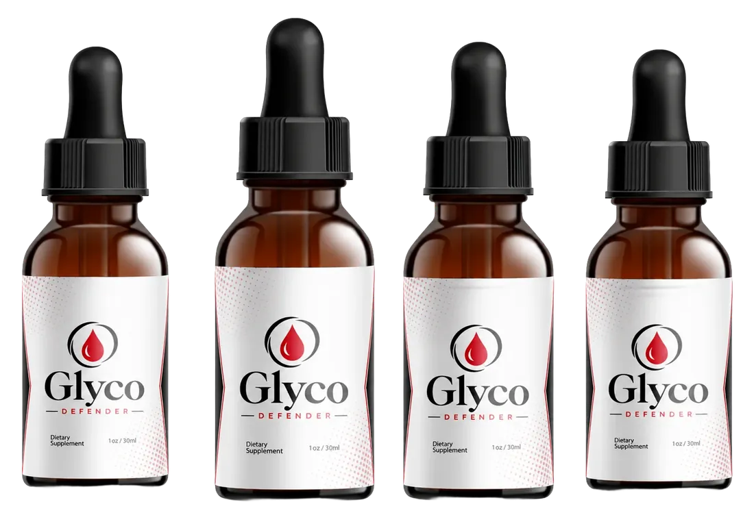 Four amber Glyco Defender dropper bottles in a row, each with a black bulb and a white label showing the red drop logo